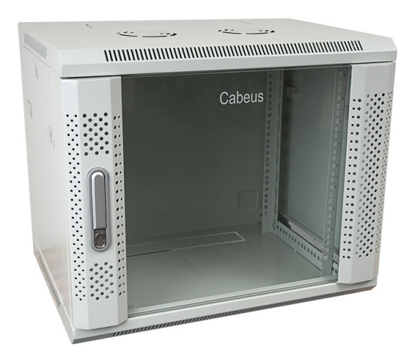 Шкаф телекоммуникационный настенный Cabeus SH-05F, 19", 9U, 501х600х350 мм (ВхШхГ), дверь: стекло, боковая панель: сплошная съемная, сварной, цвет: серый, (съемная панель для крепления шкафа к стене)