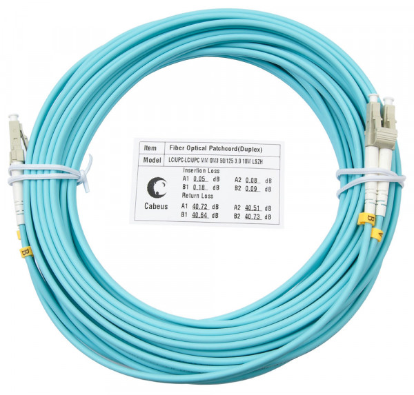 Коммутационный шнур оптический Cabeus Tight Buffer, Duplex LC/LC, OM3 50/125, LSZH, Ø 3мм, 20м, цвет: аква, (FOP-50-LC-LC-20m)