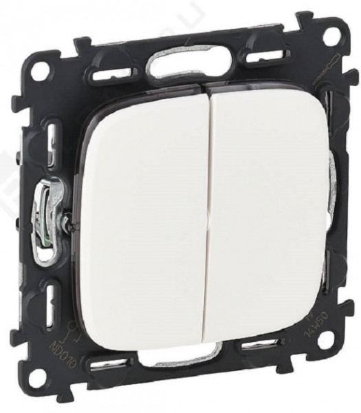 Выключатель Legrand Valena Allure, двухклавишный, без подсветки, 10АX, внутренняя, 71х71 мм (ВхШ), цвет: белый, с безвинтовыми зажимами (752705)