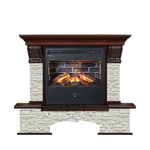 Электрокамин с широким очагом 3D Glenrich Бостон Samba 3D камень-Грот однотонный/цвет-Красное дерово