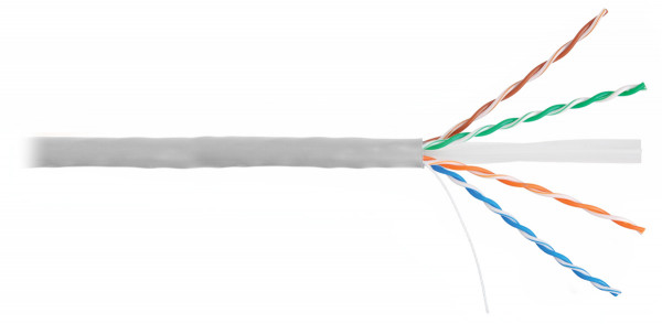 Кабель витая пара Nikolan, U/UTP, 4 пар., кат. 6, проводник Ø 0,53мм, AWG24, PVC, 250МГц, 1м (барабан 305м), тип прокладки: внутри зданий, цвет: серый