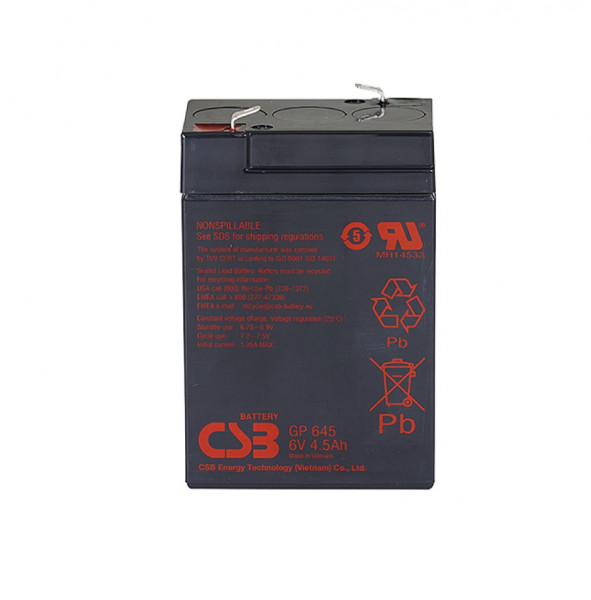 Аккумулятор для ИБП CSB Battery GP, 102х48х70 мм (ВхШхГ),  необслуживаемый свинцово-кислотный,  6V/4,5 Ач, (GP 645)