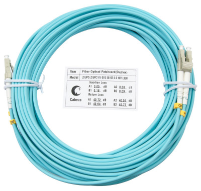 Коммутационный шнур оптический Cabeus Tight Buffer, Duplex LC/LC, OM3 50/125, LSZH, Ø 3мм, 15м, цвет: аква, (FOP-50-LC-LC-15m)