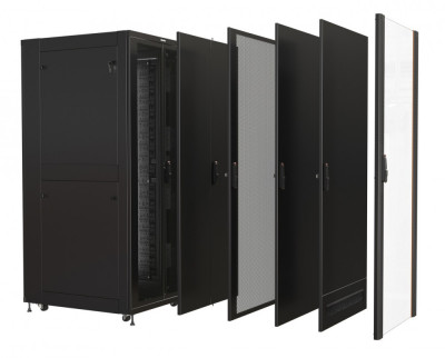 Шкаф серверный напольный Hyperline TSR, IP20, 47U, 2282х800х1200 мм (ВхШхГ), дверь: перфорация, задняя дверь: двойная распашная, перфорация, боковая панель: сплошная съемная, разборный, цвет: чёрный, (TSR-4782-HDAA-P12-R101-RAL9005)