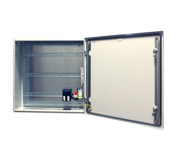 Шкаф уличный всепогодный укомплектованный настенный OSNOVO, IP66, корпус: сталь листовая, 600х600х210 мм (ВхШхГ), цвет: серый, (с DIN-рейками, автоматом 2Р), с нагревом, без охлаждения