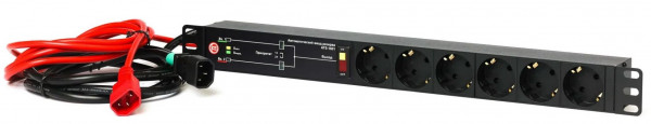 Электронно-механический АВР ELEMY, 19", неуправляемый, Shuko х 6, вход IEC 60320 C14, для шкафов и стоек, шнур 1,8 м, 1U, 45мм 8А, чёрный, 1700Ва, выполняет функцию байпаса