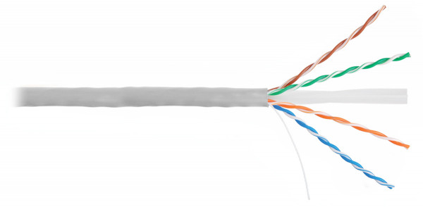 Кабель витая пара Nikolan, U/UTP, 4 пар., кат. 6, проводник Ø 0,55мм, AWG23, PVC, 250МГц, 1м (барабан 305м), тип прокладки: внутри зданий, цвет: серый