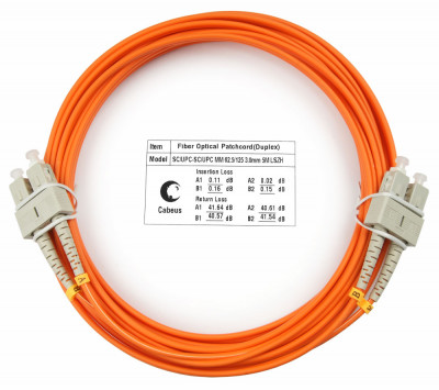 Коммутационный шнур оптический Cabeus Tight Buffer, Duplex SC/SC (UPC/UPC), OM1 62,5/125, LSZH, Ø 3мм, 7м, цвет: оранжевый, (FOP-62-SC-SC-7m)