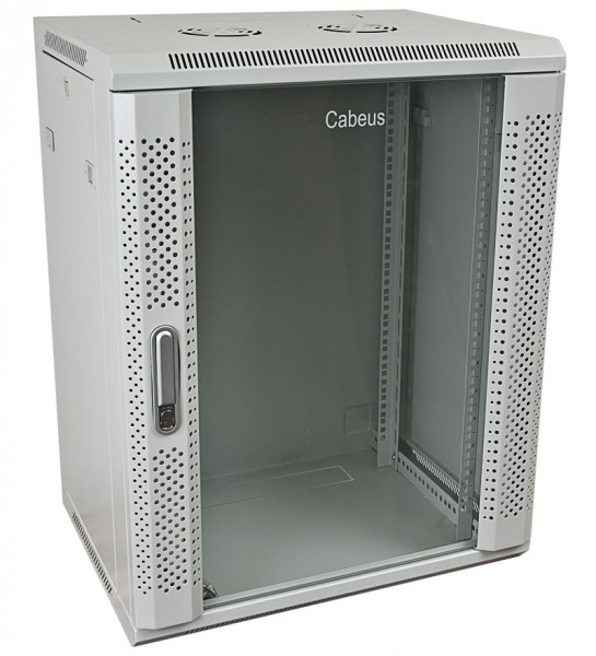 Шкаф телекоммуникационный настенный Cabeus SH-05F, 19", 15U, 769х600х450 мм (ВхШхГ), дверь: стекло, боковая панель: сплошная съемная, сварной, цвет: серый, (съемная панель для крепления шкафа к стене)