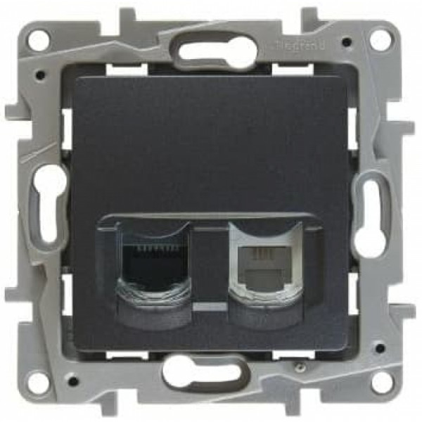 Розетка информационная Legrand Etika, 2x RJ11/RJ45, IP21, кат. 5е, неэкр., внутренняя, цвет: антрацит, (LEG.672652)