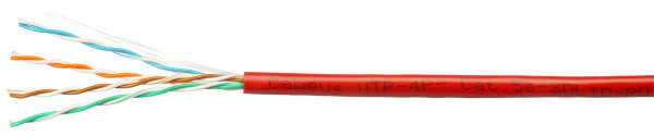 Кабель витая пара Cabeus, U/UTP, 4 пар., кат. 5е, проводник Ø 0,5мм, AWG24, PVC нг(А)-LS, 100МГц, 1м (коробка 100м), тип прокладки: внутри зданий, цвет: красный