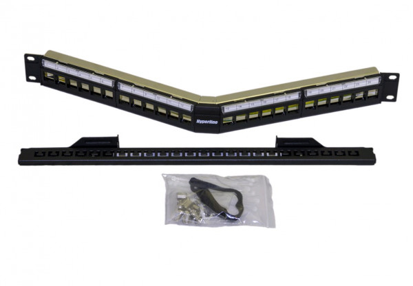 Коммутационная патч-панель наборная Hyperline, 19", 1HU, портов: 24 х keystone, кат. 5-7A, экр., с задним кабельным организатором (без модулей), цвет: чёрный, (PPBL4A-19-24-SH-RM)