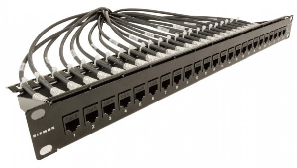 Коммутационная патч-панель Siemon MAX In-Line, 19", 1HU, портов: 24хRJ45, кат. 5е, универсальная, экр., встраиваемый, цвет: чёрный, (MX-K-C5-IL-24)