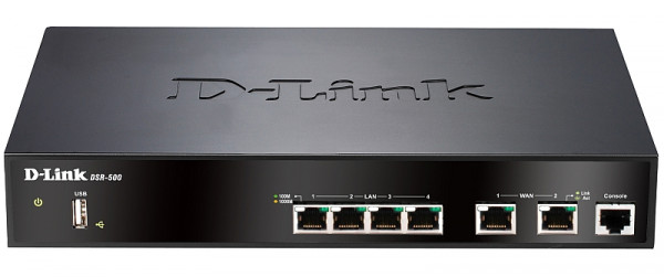 Маршрутизатор D-Link, DSR, портов: 7, LAN: 4, WAN: 2, скорость мб/с: 950, USB: Да, 44х180х280 мм (ВхШхГ), цвет: чёрный, DSR-500/B1A