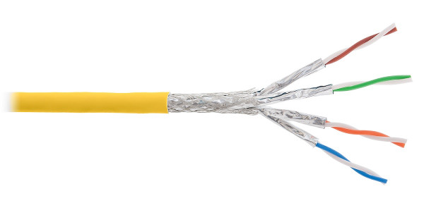 Кабель витая пара Nikolan, S/FTP, 4 пар., кат. 8, проводник Ø 0,63мм, AWG22, LSZH (нг(A)-HF), 2000МГц, 1м (барабан 500м), тип прокладки: внутри зданий, цвет: жёлтый