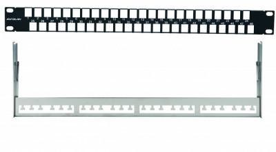 Коммутационная патч-панель наборная Eurolan, 19", 1HU, портов: 24 х keystone, кат. 5е-6a, универсальная, экр., порты в 1 ряд, цвет: чёрный, с задним кабельным организатором (без модулей), (27F-00-24BL)
