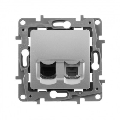 Розетка информационная Legrand Etika, 2x RJ11/RJ45, IP21, кат. 5е, неэкр., внутренняя, цвет: алюминий, (LEG.672452)