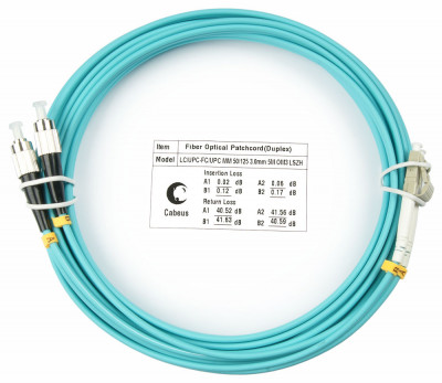 Коммутационный шнур оптический Cabeus Tight Buffer, Duplex LC/FC, OM3 50/125, LSZH, Ø 3мм, 20м, цвет: аква, (FOP-50-LC-FC-20m)
