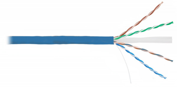 Кабель витая пара Nikolan, U/UTP, 4 пар., кат. 6, проводник Ø 0,55мм, AWG23, LSZH (нг(A)-HF), 250МГц, 1м (барабан 305м), тип прокладки: внутри зданий, цвет: синий