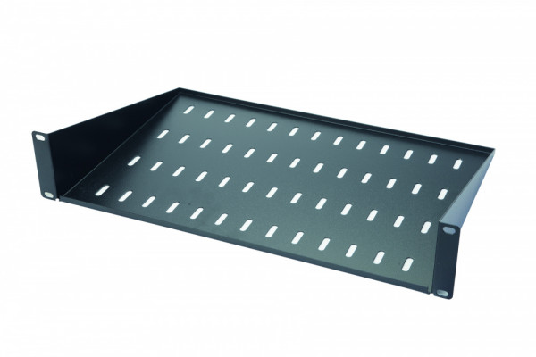 Полка Eurolan, перфорированная, консольная, 2U, 89х486х300 мм (ВхШхГ), нагрузка до 15 кг, для шкафов и стоек Eurolan, с комплектом крепежа, цвет: чёрный