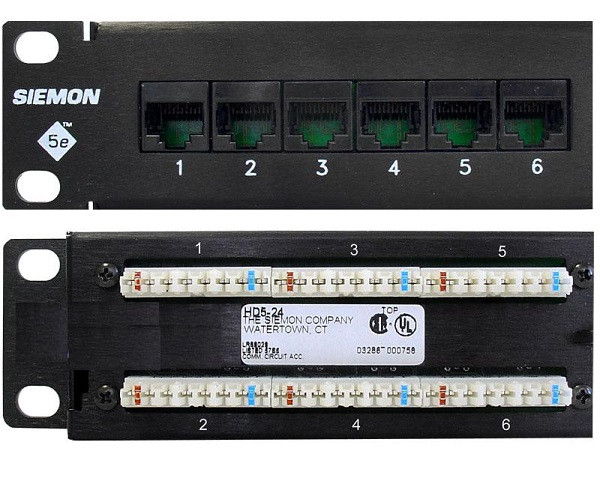 Коммутационная патч-панель Siemon, 19", 1HU, портов: 24хRJ45, кат. 5е, универсальная, неэкр., встраиваемый, цвет: чёрный, (HD5-24)