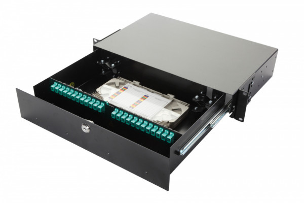 Коммутационная панель ВО Eurolan 47F-48, 2HU, портов: 48 SC (SM) OM3, установлено адаптеров: 12 выдвижная, цвет: чёрный, цвет адаптеров: бирюзовый, адаптеры, сплайс-кассеты