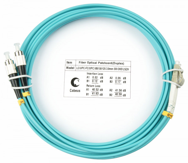 Коммутационный шнур оптический Cabeus Tight Buffer, Duplex LC/FC, OM3 50/125, LSZH, Ø 3мм, 7м, цвет: аква, (FOP-50-LC-FC-7m)
