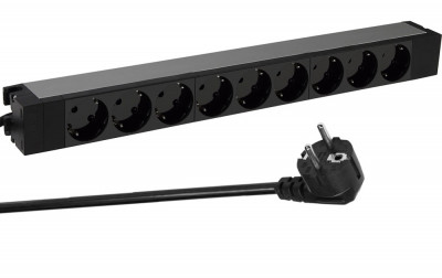 Блок силовых розеток Legrand, универсальн., неуправляемый, Shuko х 9, вход Schuko, для шкафов, шнур 3 м, 1U, 16А, оборудован защитными шторками, чёрный