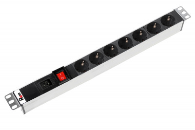 Блок силовых розеток Rem Rem-16, горизонтальный, неуправляемый, Shuko х 7, вход IEC 60320 C20, 45мм 16А, выключатель, алюминий, без шнура