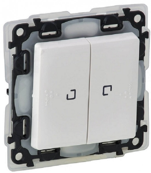 Переключатель Legrand Valena Life, двухклавишный, с подсветкой, 10АX, внутренняя, 71х71 мм (ВхШ), цвет: белый, ip44, безвинтовые зажимы, лампа 0,15 ма (752159)