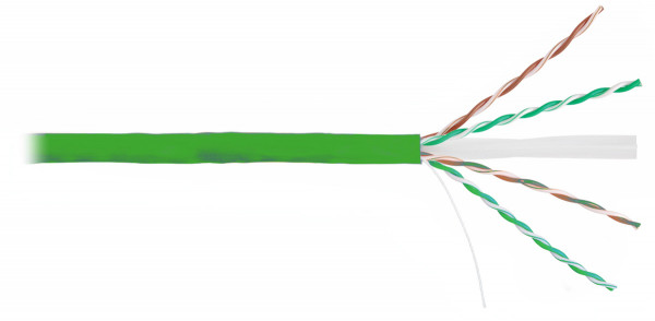Кабель витая пара Nikolan, U/UTP, 4 пар., кат. 6, проводник Ø 0,55мм, AWG23, LSZH (нг(A)-HF), 250МГц, 1м (барабан 305м), тип прокладки: внутри зданий, цвет: зелёный