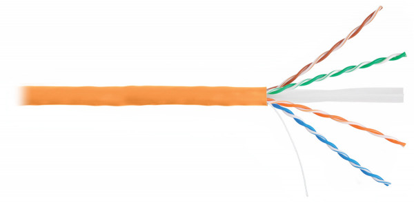 Кабель витая пара Nikolan, U/UTP, 4 пар., кат. 6, проводник Ø 0,53мм, AWG24, LSZH (нг(A)-HF), 250МГц, 1м (барабан 305м), тип прокладки: внутри зданий, цвет: оранжевый