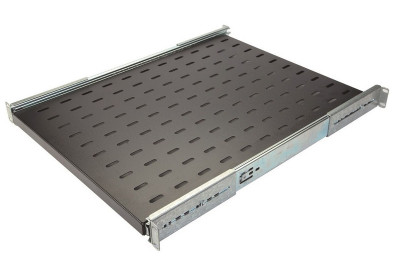 Полка Eurolan, перфорированная, выдвижная, 1U, 44х465х450 мм (ВхШхГ), нагрузка до 30 кг, для шкафов и стоек Eurolan, с комплектом крепежа, цвет: чёрный