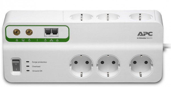 Блок силовых розеток APC, вертикальный, неуправляемый, Shuko х 6, вход Schuko, шнур 3 м, 62х272х110 мм (ВхШхГ), 10А, выключатель, RJ-11, для коаксиал.кабеля, белый