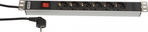 Блок силовых розеток Hyperline, горизонтальный, неуправляемый, Shuko х 6, вход Schuko, шнур 2,5 м, 1U, 44х482,6х44 мм (ВхШхГ), 16А, выключатель, чёрный