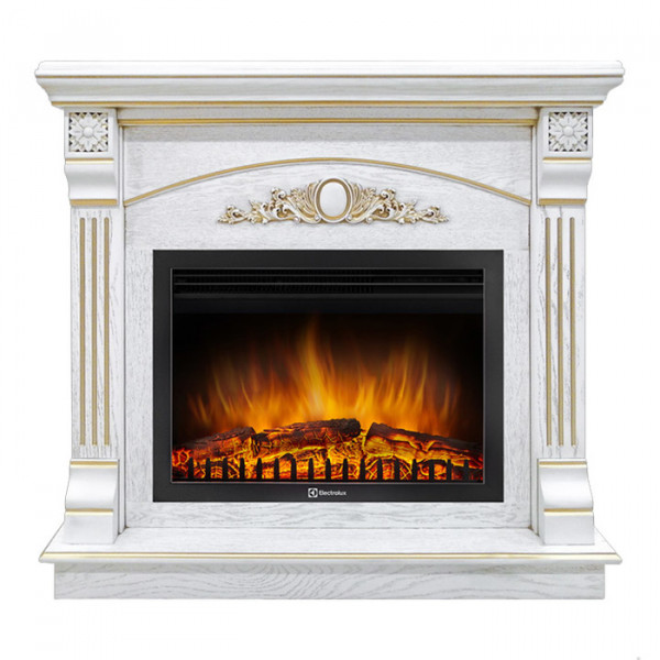 Электрокамин с широким очагом 2D Electrolux EFP/P-2720RLS с порталом Firelight Barocco 25 белый дуб с золотой патиной