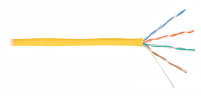 Кабель витая пара Nikolan, U/UTP, 4 пар., кат. 5е, проводник Ø 0,5мм, AWG24, PVC, 100МГц, 1м (барабан 305м), тип прокладки: внутри зданий, цвет: жёлтый