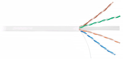 Кабель витая пара Nikolan, U/UTP, 4 пар., кат. 6, проводник Ø 0,55мм, AWG23, LSZH (нг(A)-HF), 250МГц, 1м (барабан 305м), тип прокладки: внутри зданий, цвет: белый