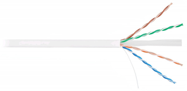 Кабель витая пара Nikolan, U/UTP, 4 пар., кат. 6, проводник Ø 0,55мм, AWG23, LSZH (нг(A)-HF), 250МГц, 1м (барабан 305м), тип прокладки: внутри зданий, цвет: белый
