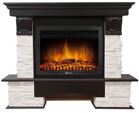 Электрокамин с широким очагом 2D Electrolux EFP/P-2520LS с порталом Firelight Pietra Nuovo 25 камень сланец белый, шпон темный дуб