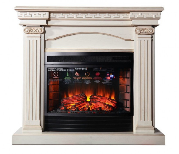 Электрокамин с широким очагом 2D InterFlame Афина (белый с золотой патиной) с очагом Panoramic 25 LED FX