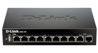 Маршрутизатор D-Link, DSR, портов: 10, LAN: 8, WAN: 1, скорость мб/с: 750, антенн: 2, USB: Да, 35х140х203 мм (ВхШхГ), цвет: чёрный, DSR-250/A4A
