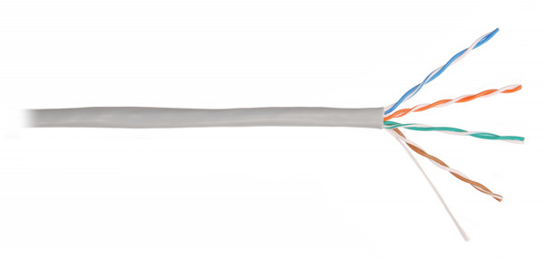 Кабель витая пара Nikolan, U/UTP, 4 пар., кат. 5е, проводник Ø 0,49мм, AWG24, PVC, 100МГц, 1м (барабан 305м), тип прокладки: внутри зданий, цвет: серый