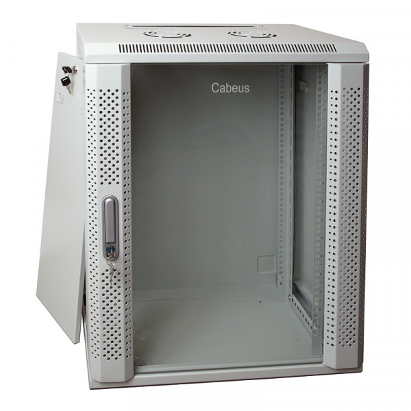 Шкаф телекоммуникационный настенный Cabeus SH-05F, 19", 15U, 769х600х350 мм (ВхШхГ), дверь: стекло, боковая панель: сплошная съемная, сварной, цвет: серый, (съемная панель для крепления шкафа к стене)