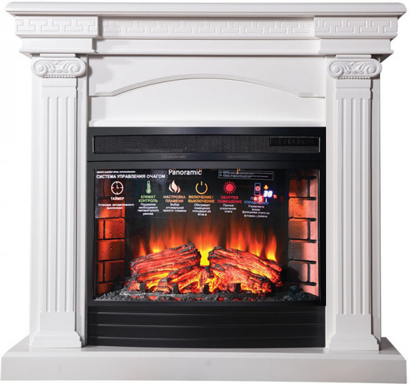 Электрокамин с широким очагом 2D InterFlame Афина (белый) с очагом Panoramic 25 LED FX