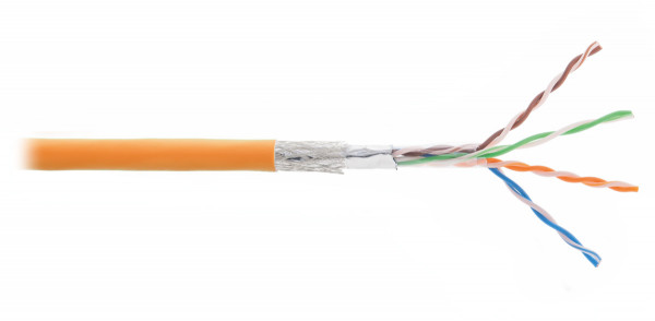 Кабель витая пара Nikolan, SF/UTP, 4 пар., кат. 5е, проводник Ø 0,5мм, AWG24, LSZH (нг(A)-HF), 100МГц, 1м (барабан 305м), тип прокладки: внутри зданий, цвет: оранжевый