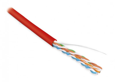 Кабель витая пара Hyperline, U/UTP, 4 пар., кат. 5е, проводник Ø 0,51мм, AWG24, LSZH (нг(A)-HF), 100МГц, 1м (бухта 100м), тип прокладки: внутри зданий, цвет: красный