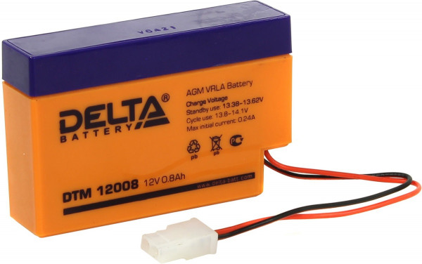 Аккумулятор для ИБП Delta Battery DTM, 62х25х96 мм (ВхШхГ),  Необслуживаемый свинцово-кислотный,  12V/0,8 Ач, цвет: оранжевый, (DTM 12008)